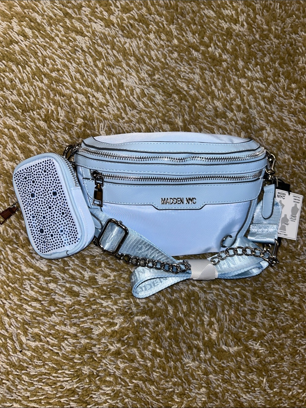 Madden NYC Light Blue Crossbody Belt Bag with Detachable Pouch